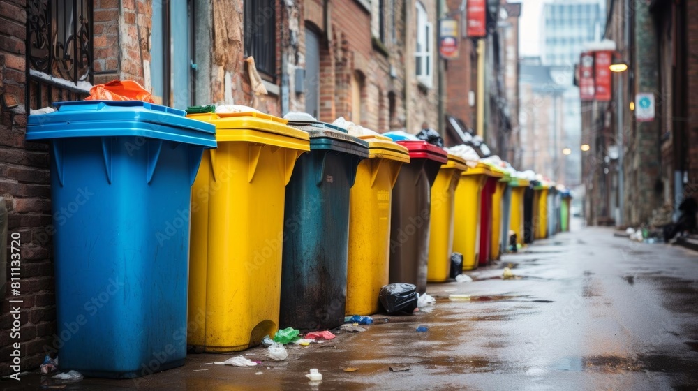 Overflowing garbage bins in an urban alley, with ample copy space above for environmental impact texts Overflowing garbage bins in an urban alley, with ample copy space above for environmental impact texts