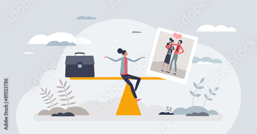 Work life balance as equal time for career and family tiny person concept. Scale with professional life and relationship values vector illustration. Lifestyle management on seesaw visualization.
