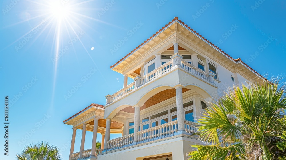 Obraz premium A multi-story house towering against the clear blue sky on a sunny day, capturing bright lighting and architectural details, ideal for showcasing