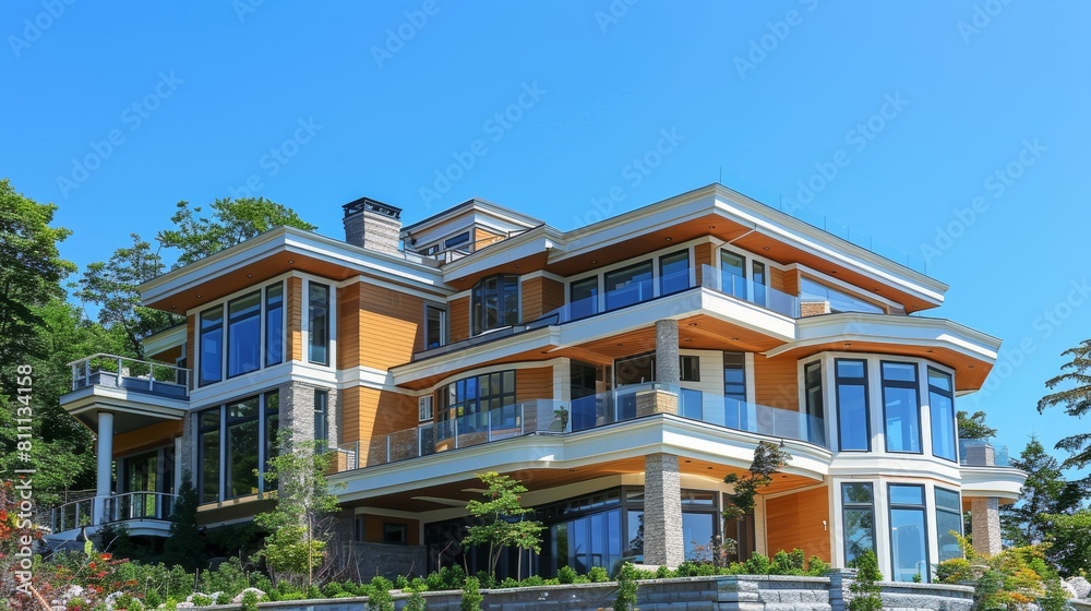 A multi-story house towering against the clear blue sky on a sunny day, capturing bright lighting and architectural details, ideal for showcasing