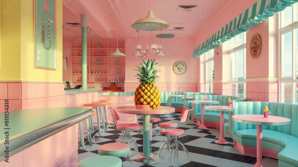 A classic 50s diner setting with a pineapple centerpiece, featuring chequered floors and pastel hues A classic 50s diner setting with a pineapple centerpiece, featuring chequered floors and pastel hues