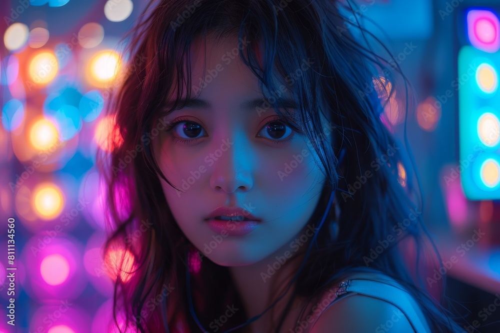 Young woman with striking features bathed in neon lights reflecting a contemplative expression Young woman with striking features bathed in neon lights reflecting a contemplative expression