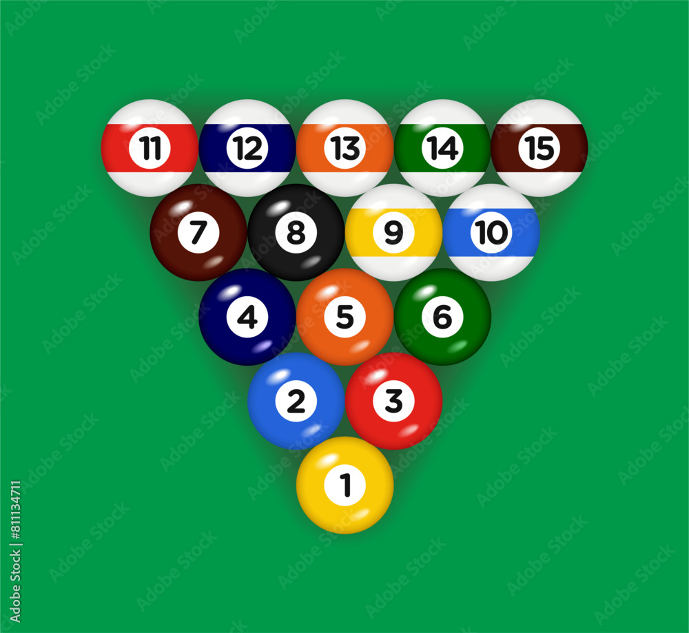 Billiard, pool balls with numbers collection. 3d objects Realistic glossy snooker ball. Green background. Vector illustration. Billiard, pool balls with numbers collection. 3d objects Realistic glossy snooker ball. Green background. Vector illustration.
