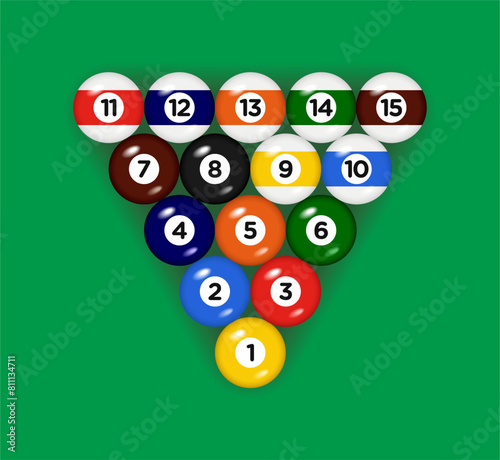 Billiard, pool balls with numbers collection. 3d objects Realistic glossy snooker ball. Green background. Vector illustration.