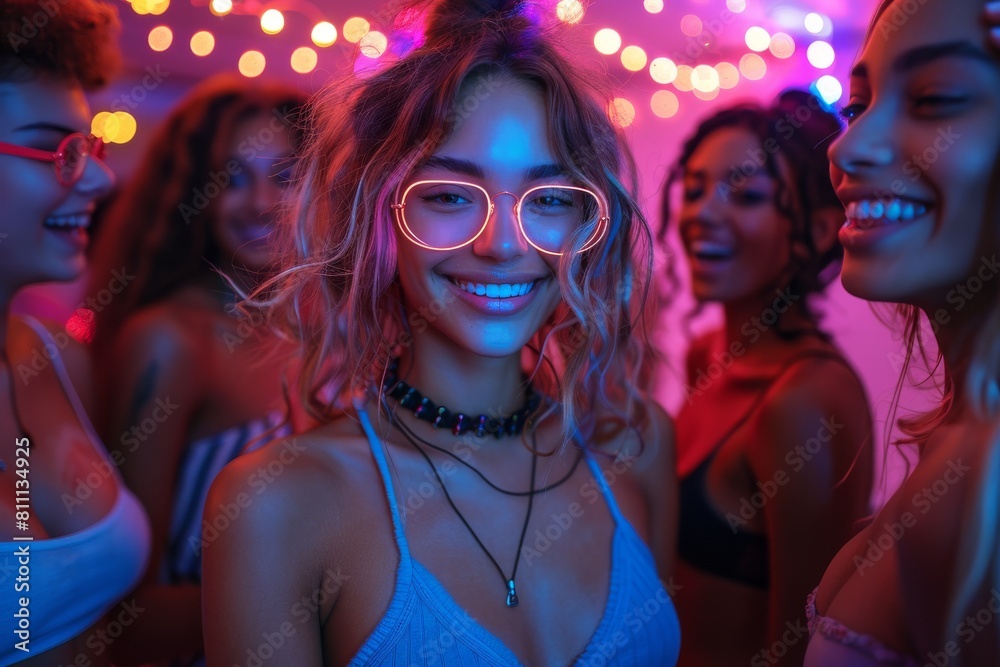 A young, joyful woman wearing glasses is smiling amidst a lively party atmosphere with colorful lights A young, joyful woman wearing glasses is smiling amidst a lively party atmosphere with colorful lights