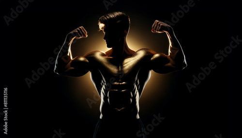 A man with a muscular body is flexing his arm