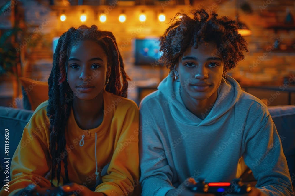 Fototapeta premium Siblings deeply engaged in a gaming session, with a colorful and inviting living room atmosphere