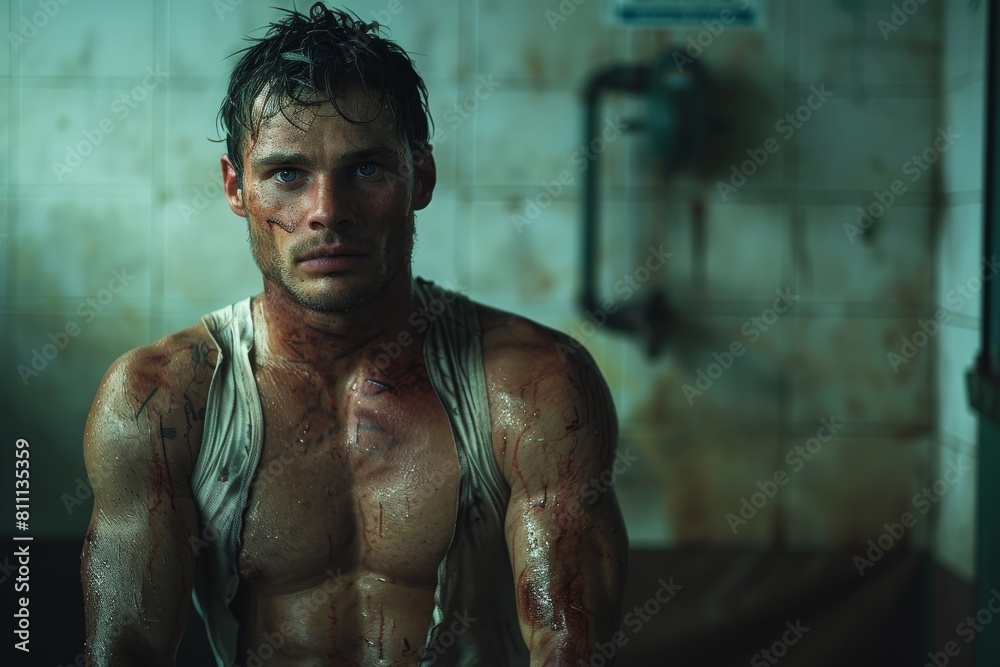 An intensely focused and weary boxer with water droplets on his body reflects after exertion An intensely focused and weary boxer with water droplets on his body reflects after exertion