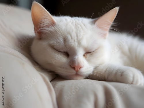 Sleeping White Cat Animal Realistic Photo Illustration Art 