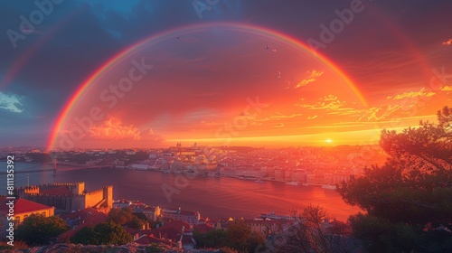 Stunning Rainbow Over Lisbon Cityscape During Sunset, Portugal