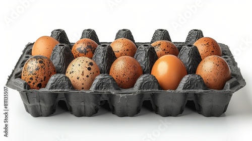 Graphic illustration of a black and white egg carton containing eggs. Icon, sign, pictogram. Concept of food storage, kitchen essentials, groceries. photo