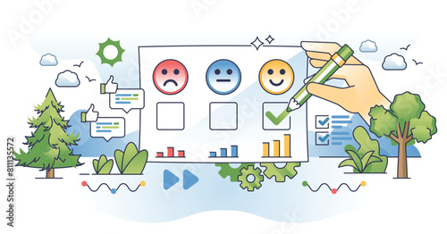 Employee survey with work satisfaction feedback and ratings outline hands concept. Opinion questionnaire with positive, negative and neutral workforce vector illustration. Colleague happiness level.