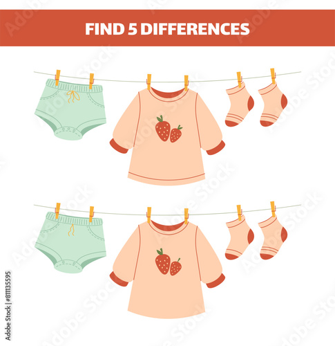 Find 5 differences education game for children. Clothes on a rope.