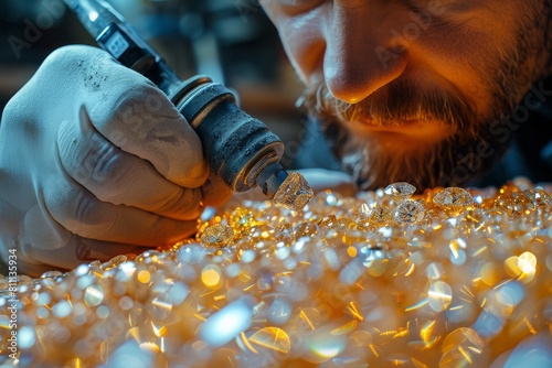 Bearded craftsman closely examines multiple diamonds with a spectroscopic tool in a workshop photo