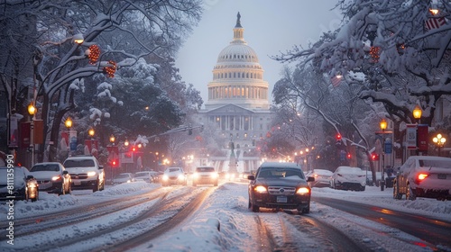 Winter Evening on Pennsylvania Avenue with US Capitol in the Background, Snow-Covered Streets and Illuminated Trees photo