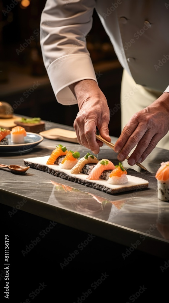A skilled chef skillfully prepares sushi on a table, showcasing the precise art of sushi-making.