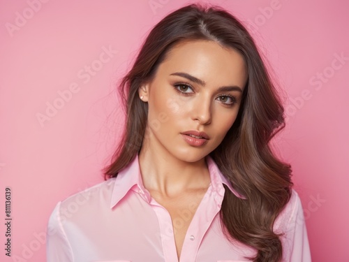 Beautiful woman brunette wearing a pink shirt beauty close-up portrait on pink background