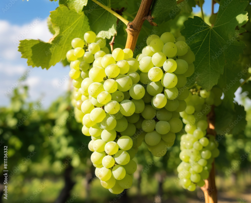 bunches of white grapes against the background of a field of vineyards, close-up bunches of white grapes against the background of a field of vineyards, close-up