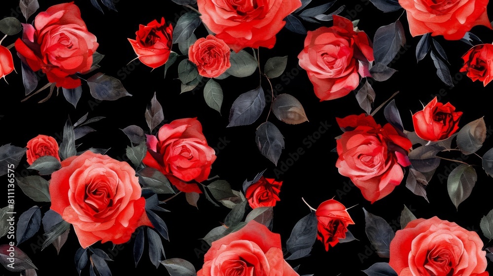 Seamless pattern of Watercolor flowers red roses on black background Seamless pattern of Watercolor flowers red roses on black background