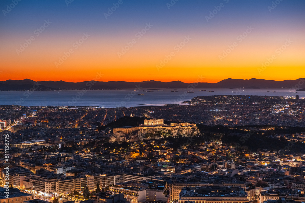 View on Athens Parthenon in sunset View on Athens Parthenon in sunset