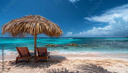 A beach scene with two beach chairs and a beach umbrella by AI generated image