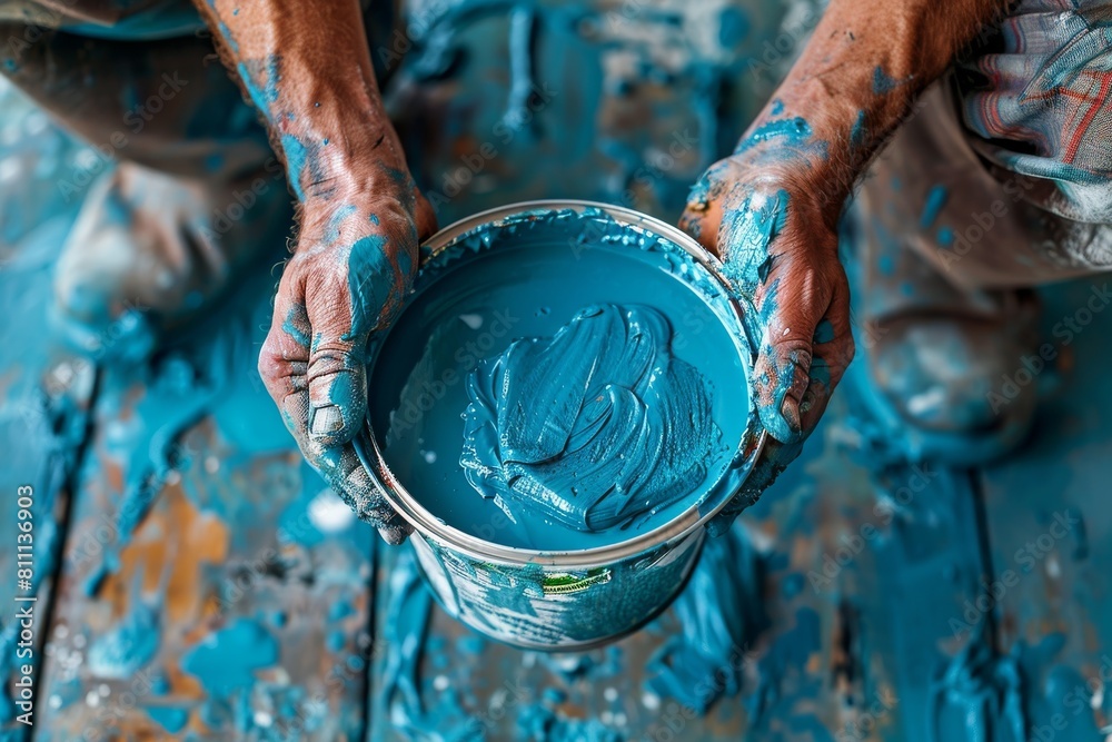 Obraz premium Close up of paint-streaked hands holding a bucket full of thick blue paint, showcasing artistic messiness