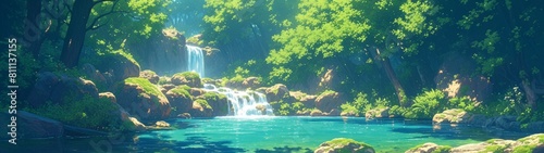 滝のせせらぎが静かに響き渡り、透明なプールに落ちる様子を水彩スタイルで描かれた背景。 photo