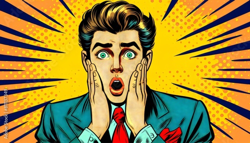 Shockwave of Surprise, a young man in a teal suit with his hands on his cheeks, mouth wide open in a classic expression of shock