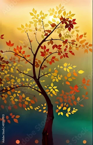 Abstract tree with yellow and orange leaves. Creative autumn colorful tree. Vertical video.