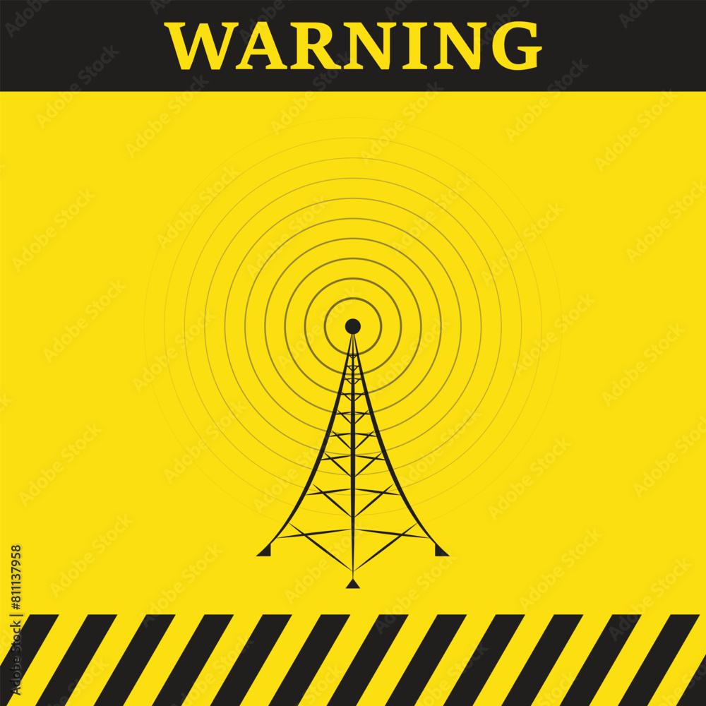 Warning radio antenna tower, conceptual vector with text Warning radio antenna tower, conceptual vector with text