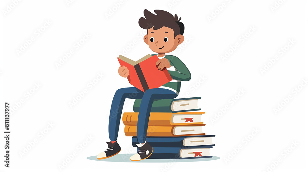 Illustration: A white background with a stack of 5-6 books in the center, and above them, there is a cartoon girl student sitting and reading a book.