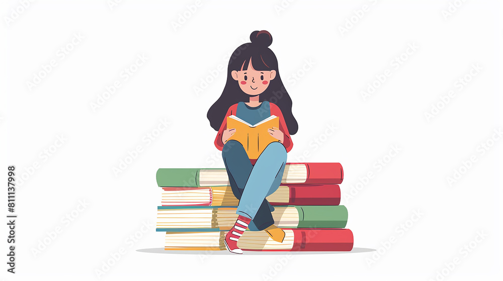 Illustration: A white background with a stack of 5-6 books in the center, and above them, there is a cartoon girl student sitting and reading a book.
