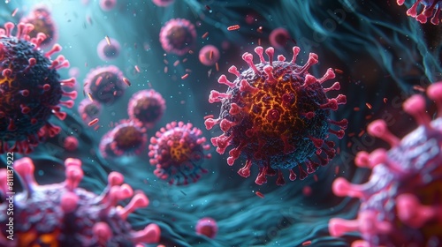 This is an image of a virus. The virus is pink and round, with a spiky outer shell. The virus is floating in a blue liquid.