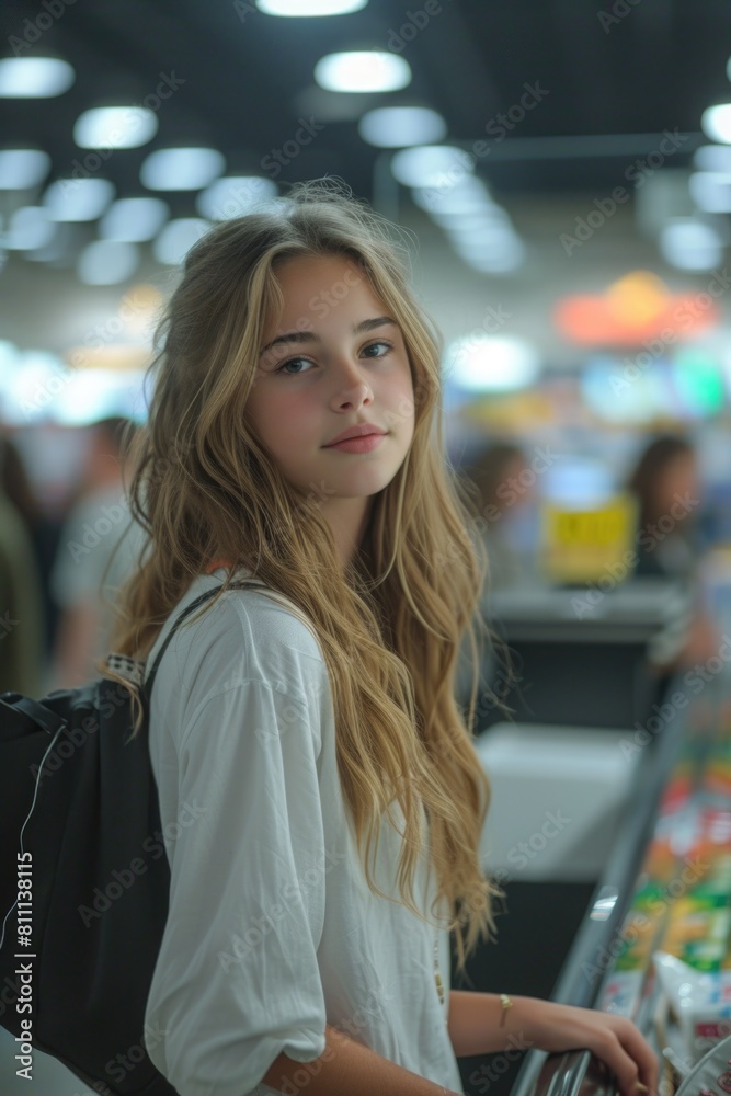 A woman stands in front of a row of vending machines, contemplating her choices. A woman stands in front of a row of vending machines, contemplating her choices.