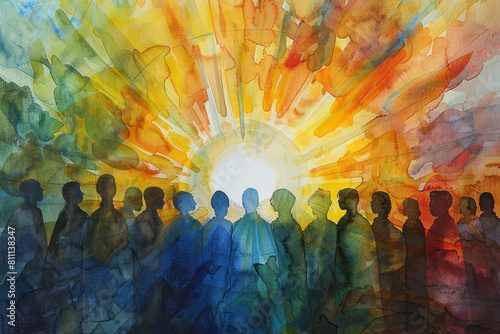 Vibrant Watercolor Diversity Gathering Scene, Pentecost a Christian holiday, the descent of the Holy Spirit. photo