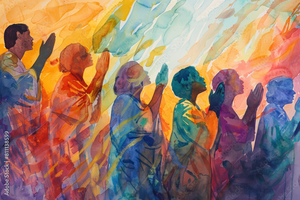 Obraz premium Disciples Praying Together in Unison, Pentecost a Christian holiday, the descent of the Holy Spirit.