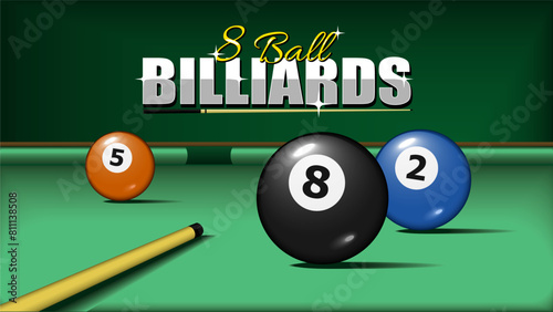 Billiard pool balls game home screen. with numbers eight, 3d objects two and five. Realistic glossy snooker ball