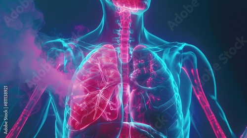 A conceptual art piece featuring a chest Xray of a healthy man, where each organ, including the diaphragm, is accentuated with neon, blending medical imaging with modern aesthetics