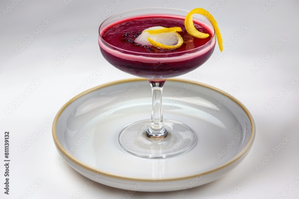Exquisite Acai Berry Pisco Sour Cocktail with Muddled Lemon and Sugar Exquisite Acai Berry Pisco Sour Cocktail with Muddled Lemon and Sugar