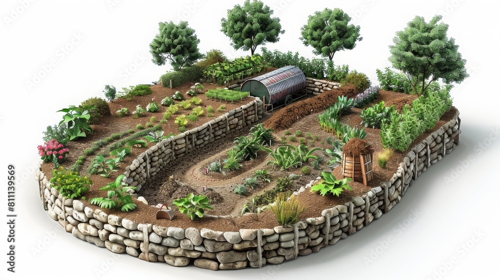A garden with a stone wall and a green barrel A garden with a stone wall and a green barrel