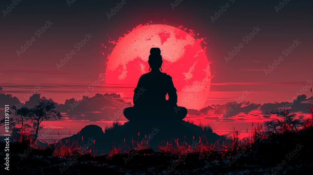 The silhouette of lord Mahavira seated in meditation is an illustration for Mahavir Jayanti. The silhouette of lord Mahavira seated in meditation is an illustration for Mahavir Jayanti.