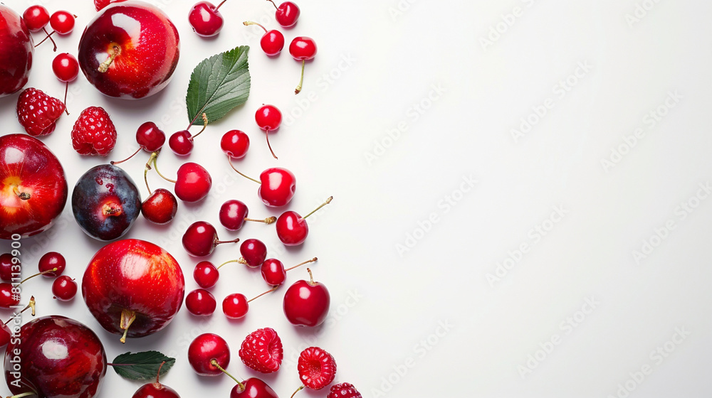 Red berries and apples on white background top view Red berries and apples on white background top view