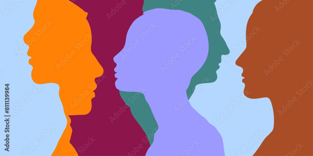 Abstract profile silhouette of man and woman. Diversity of multicultural, multiethnic people. The concept of friendship, communication, racial equality