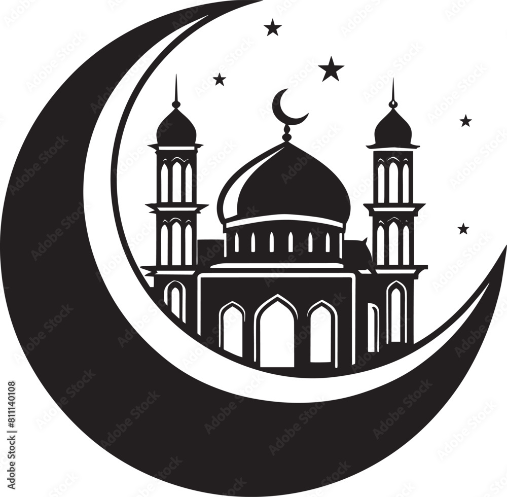 Mosque and crescent moon on white background. Vector illustration.