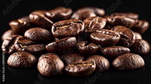 Intimate shot of roasted coffee beans, showcasing their shine and rich brown hues under studio lighting, isolated background