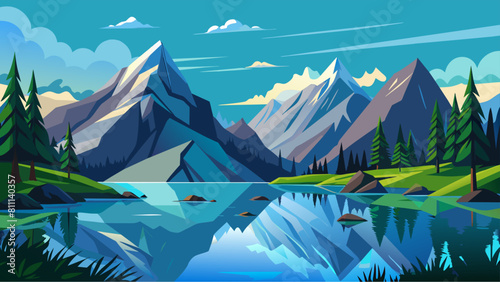 A mountain range with a lake in the foreground. The mountains are covered in snow and the lake is calm. The scene is peaceful and serene