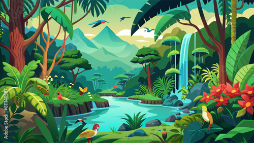 A lush green jungle with a river flowing through it. The scene is full of life and color  with various animals and plants scattered throughout the area
