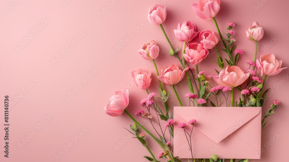 Flowers and an envelope neatly arranged on a pink background, offering space for custom graphics or messages, with studio lighting Flowers and an envelope neatly arranged on a pink background, offering space for custom graphics or messages, with studio lighting