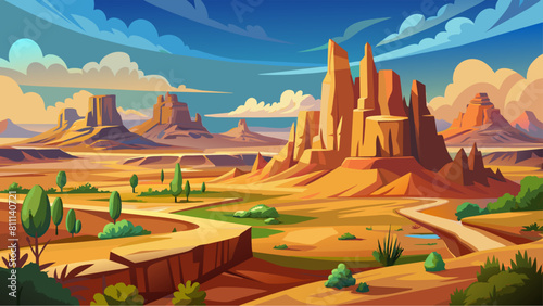 A desert landscape with a road running through it. The sky is cloudy and the sun is setting