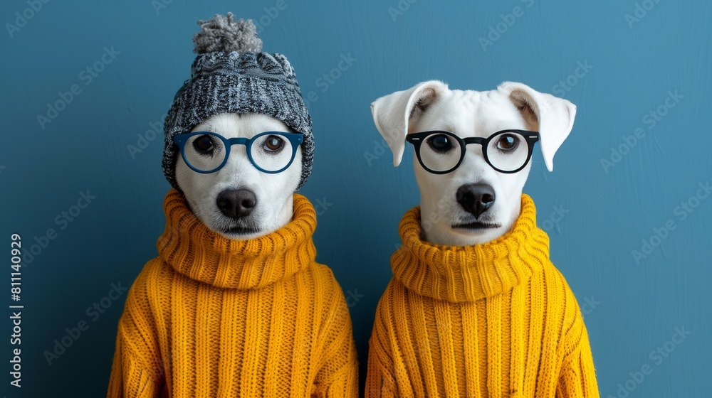 Fototapeta premium Fashionable poodles wearing vibrant outfits and trendy glasses against turquoise backdrop